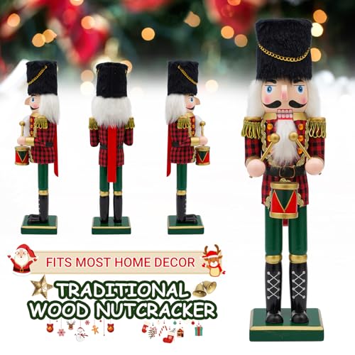14-Inch Wooden Nutcracker Drummer Figure - Handcrafted Christmas Decor