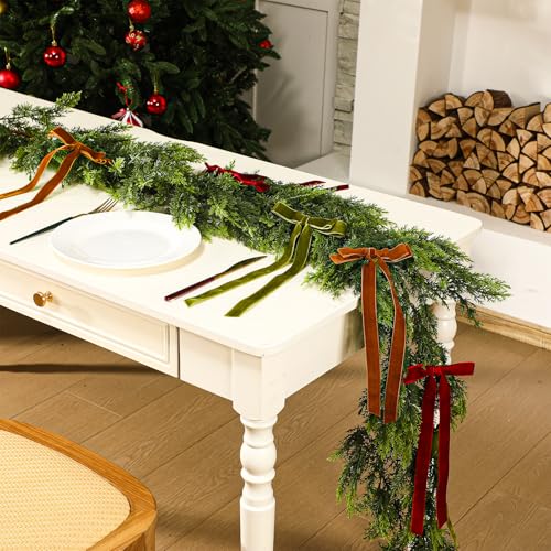 6ft Artificial Cedar Garland with 24 Velvet Bows, Christmas Holiday Decor