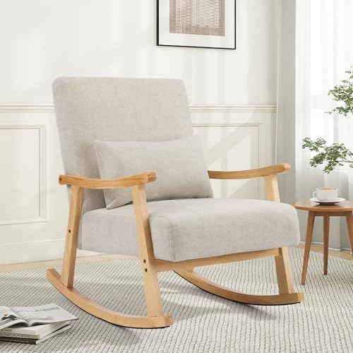 Mid-Century Modern Upholstered Rocking Chair with Lumbar Pillow, Light Gray
