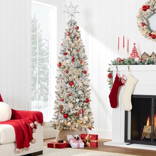 6ft Pre-Lit Flocked Pencil Artificial Christmas Tree with 250 Lights