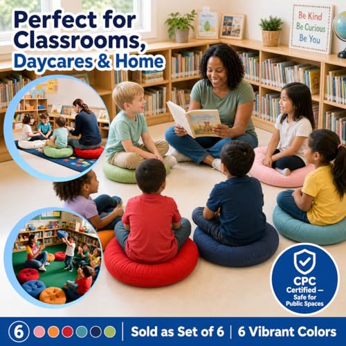 15-Inch Round Floor Cushions for Kids, 6-Pack Waterproof Classroom Seating