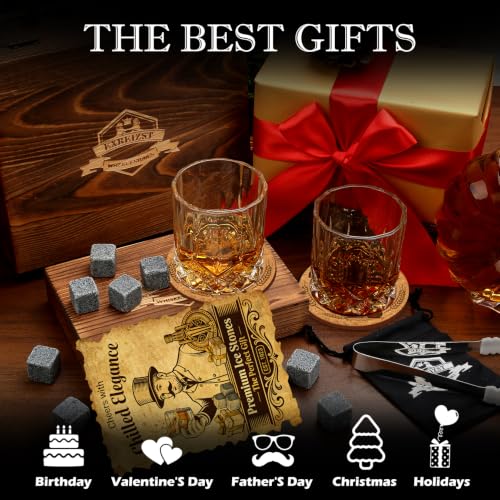EXREIZST Whiskey Stones Gift Set with 2 Glasses & Wooden Box - Granite Chilling Rocks + Straight Glasses