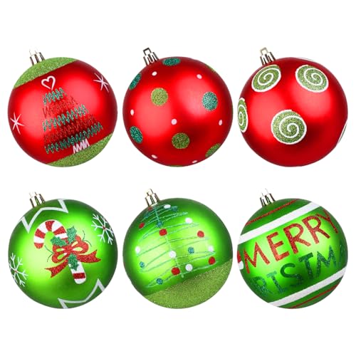 Lanpn 6 Pack 4-Inch Large Outdoor Christmas Ornaments - Red & Green Glitter Ball Decorations for Lawn & Holiday Parties (Style A, 6 pcs)