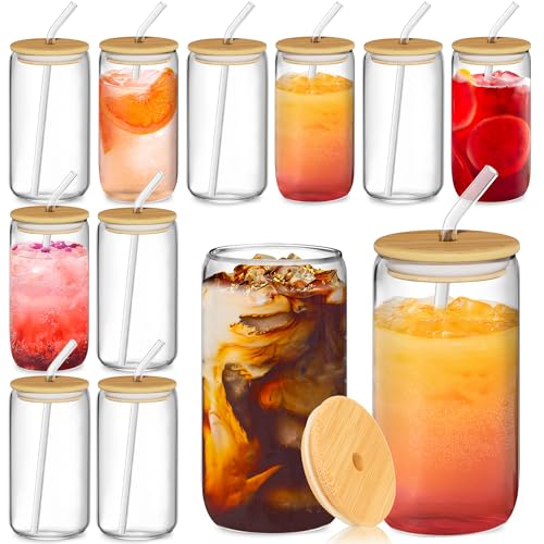 12-Piece 16oz Can Shaped Glass Cup Set with Bamboo Lids and Straws