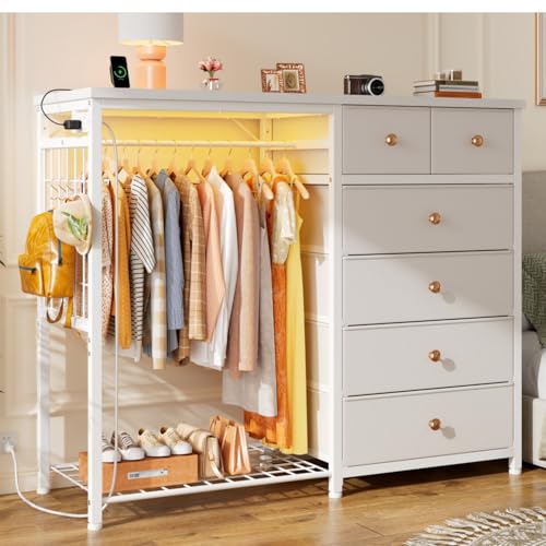 49-Inch Dresser with Hanging Rack, 6 Drawers, LED Lights & Charging Station