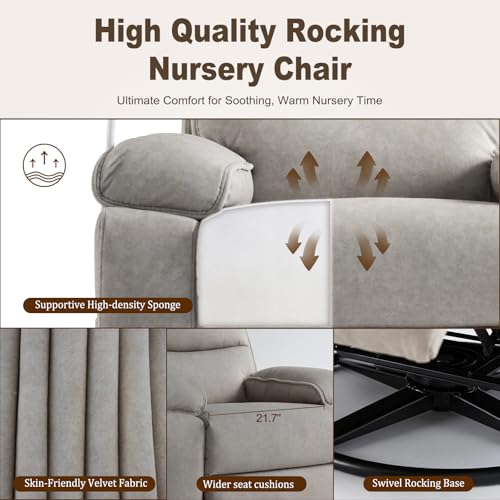 Oversized Swivel Glider Rocking Chair with Phone Holder & Recliner, Beige