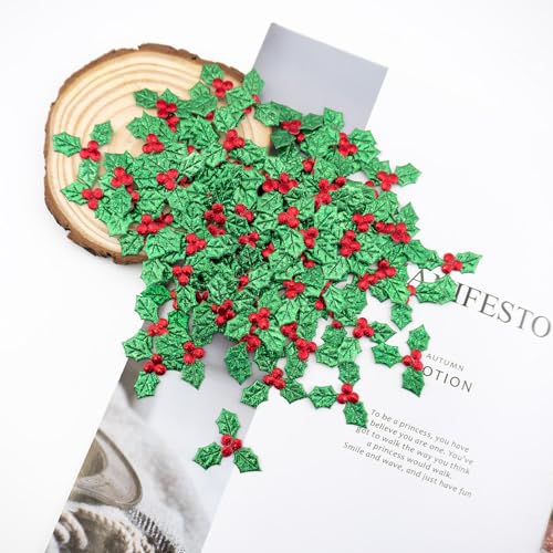 100PCS Artificial Holly Leaves with Berries for Christmas Decor