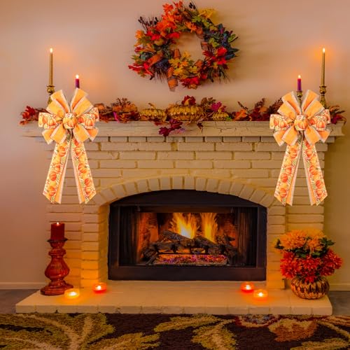 2-Pack Large Fall Wreath Bows 20x12 Inch - Orange Pumpkin Wired Autumn Bows