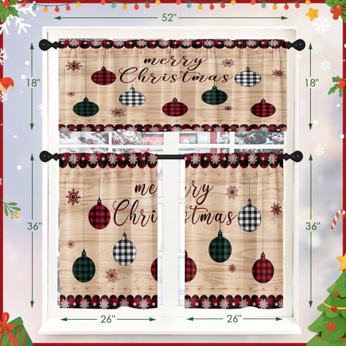 Christmas Kitchen Curtains with Valance, Red Gingham Plaid, 36 Inch - Red Ball Wood Variation