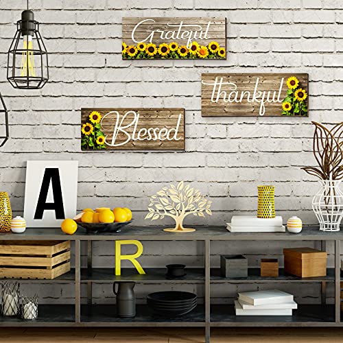 Farmhouse Sunflower Wooden Wall Art Signs, Thankful Grateful Blessed Plaques