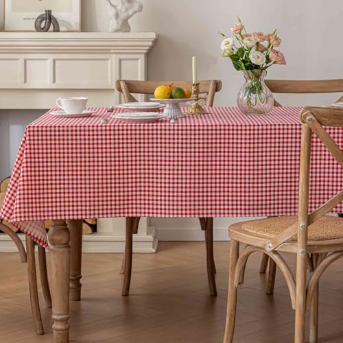 Nanko Red & White Gingham Rectangle Tablecloth 59 x 84 in - Machine Washable, Water-Resistant, Farmhouse Holiday