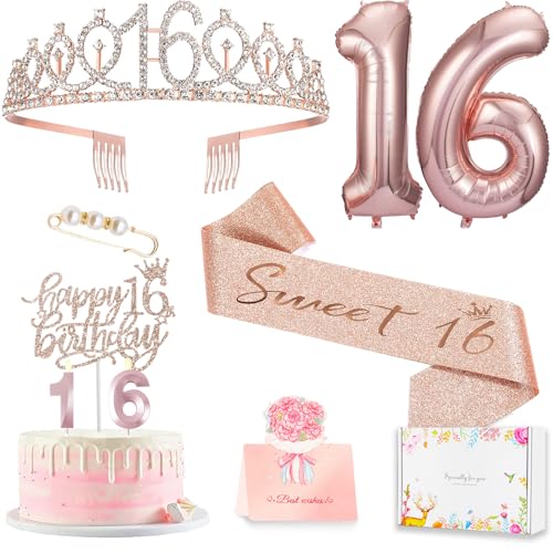 Rose Gold Sweet 16 Birthday Decoration Set for Girls with Sash and Tiara