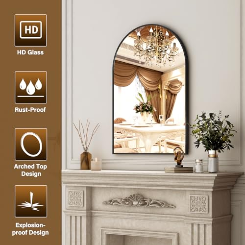 24x36 Arched Wall Mirror - Black Metal Frame Vanity Mirror for Bathroom