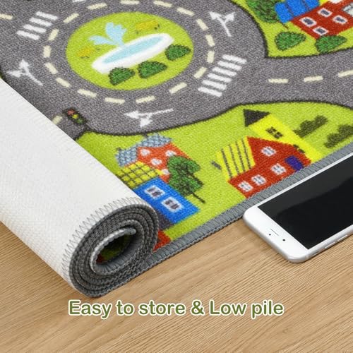 Kids City Road Play Rug - 60x32 Inch Washable Non-Slip Race Track Carpet
