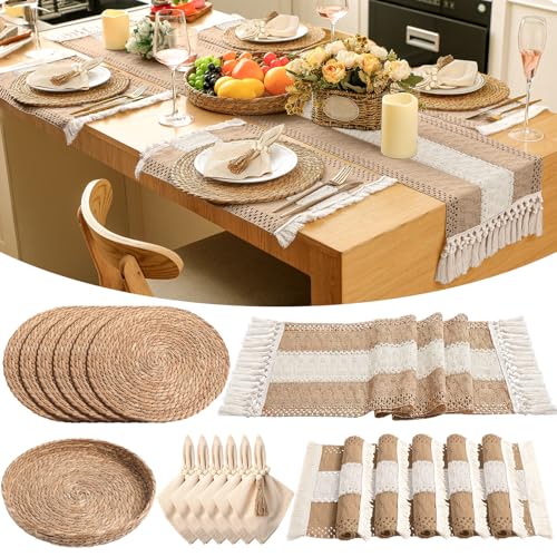 6-Piece Neutral Boho Table Runner & Woven Round Placemats Set 12x72"