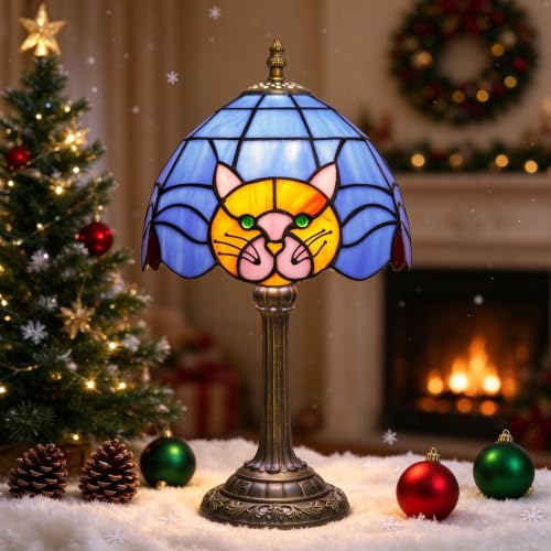 Creboco Cat Lamp Tiffany Orange Blue Glass Table Lamp Cat Lovers Gift Variation: Cat Lamp