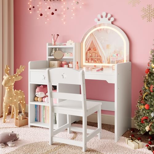 Kids Vanity Set with Lighted Mirror, Storage Cabinet, and Chair for Girls