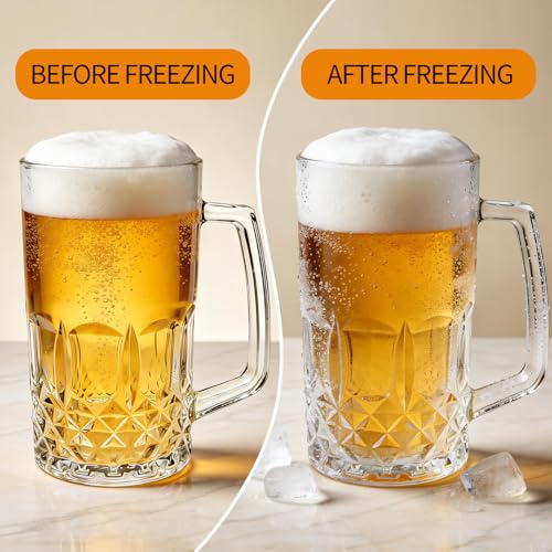 4-Pack 17.4 oz Large Glass Beer Mugs with Handles for Freezer Chilling