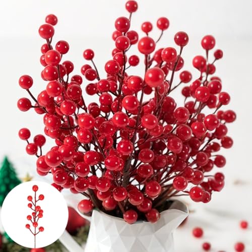 COSOKUU Red Berry Stems 30 Pcs - 8in Artificial Holly Picks for Christmas Decor (Red)