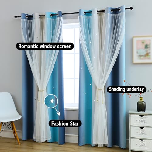 Double Layer Star Blackout Curtain with Sheer Overlay, 52 x 63 Inch