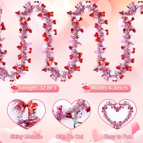 Valentine's Day Heart Tinsel Garland - 33 Ft Red Pink White Metallic Garland