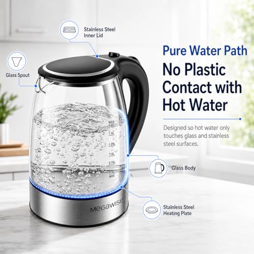 1.8L Electric Glass Kettle with Stainless Steel Base and Auto Shut-Off
