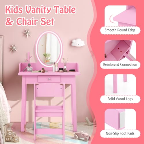 Kids Vanity Set with Lighted Mirror and Chair, 2-in-1 Toddler Makeup Table