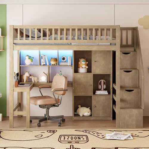 Twin Size Wooden Loft Bed with Desk, LED Lights, Staircase and Storage