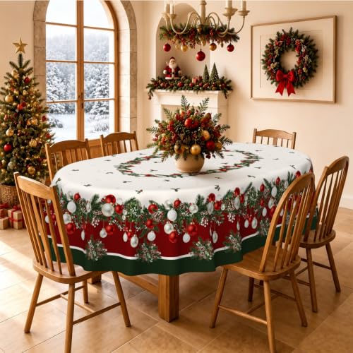 Christmas Tablecloth Oval 60x84 Inch - Xmas Ball Pattern Holiday Decor, Yrhsnclsdg