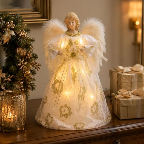Vertintong Cute Style 16-Inch Lighted Angel Christmas Tree Topper - White Angel Decor