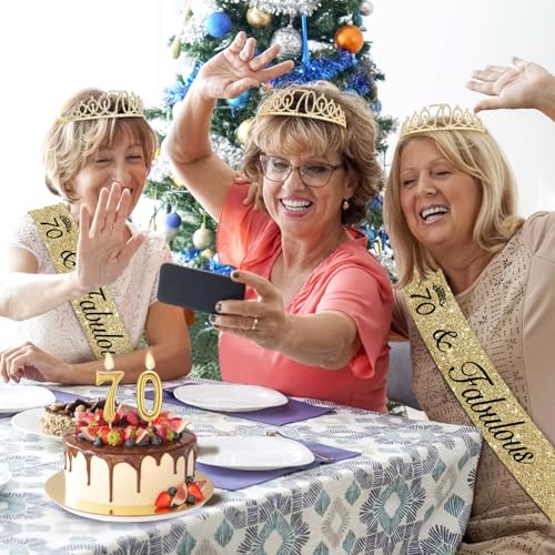 70th Birthday Decorations for Women Gold Tiara Sash and Number Candles