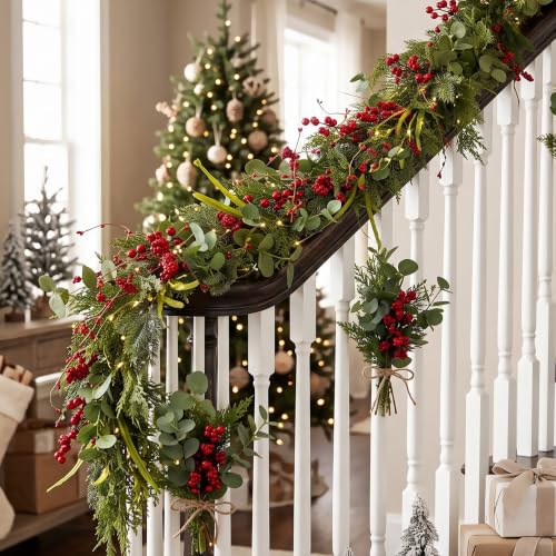 6FT Norfolk Pine Christmas Garland with Eucalyptus Red Berries - TAPBUY Christmas Garland (Variation: Christmas Garland) Indoor Holiday Decor