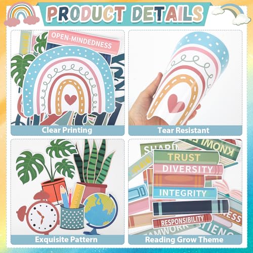 Boho Reading Bulletin Board Set, Book Themed Classroom Decor with Borders