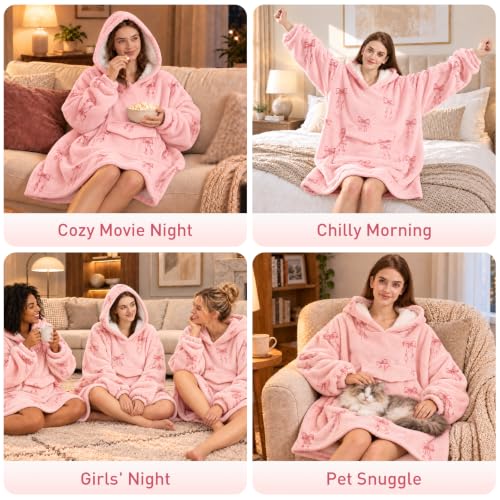 Pink Bow Wearable Blanket Hoodie Oversized Sherpa Sweatshirt for Women Men