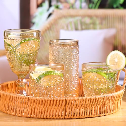 Amber 12oz Vintage Highball Glasses Set of 4 | Heavy-Duty Lead-Free Drinking Glassware