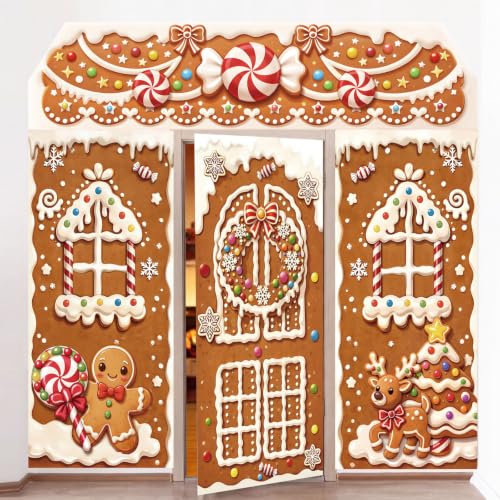 Irenare 4-Piece Christmas Gingerbread Door Cover Set for Holiday Decor