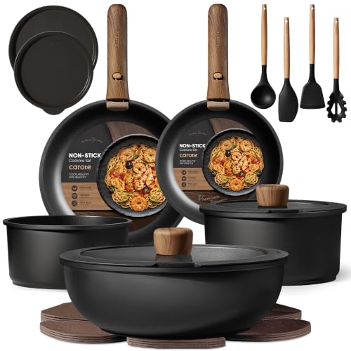 19-Piece Nonstick Cookware Set with Detachable Handles & Lids - Black