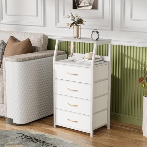 Tall Nightstand with 4 Fabric Drawers & Wood Top - Bedside Dresser
