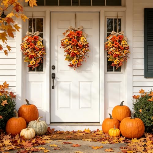 24-Inch Fall Teardrop Swags Set - Autumn Floral Wreath for Front Door