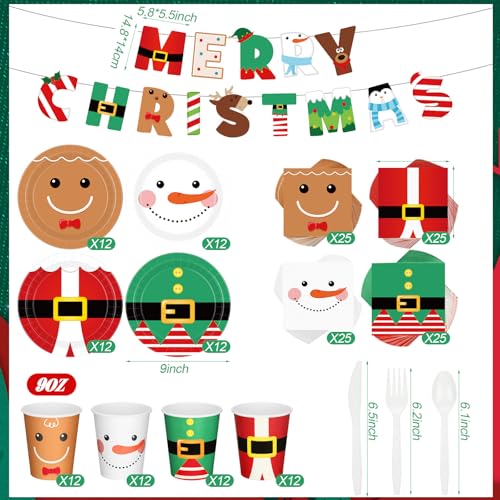 Vesici Christmas Tableware Set - 245 Pcs Disposable Plates Cups Napkins Banner
