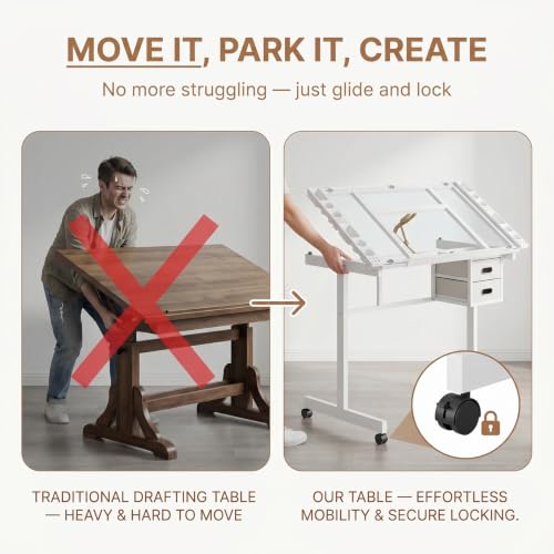 Adjustable Glass Top Drawing Table with Storage Drawers & Wheels