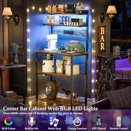 5-Tier Bakers Rack with Power Outlet, RGB LED Lights, and Storage Shelves