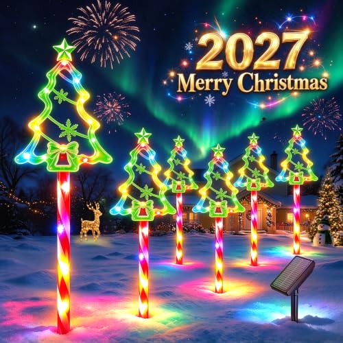 VELOGIX Solar Christmas Pathway Lights 6-Pack—Colorful Tree Candy Cane Stakes