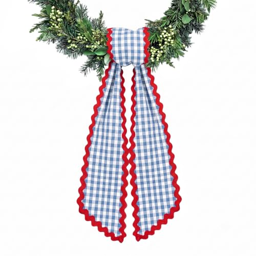 Blue White Buffalo Plaid Wreath Sash Satin Door Garland Ribbon