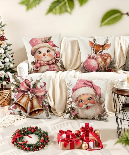 Pink Velvet Christmas Pillow Covers 18x18 Set of 4 - Nordic Holiday Home Decor
