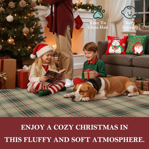 Green Christmas Checkered 5x7 Area Rug - Washable Faux Wool, Non-Slip