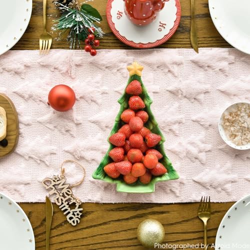 Pink Faux Fur Jacquard Christmas Tree Table Runner 13x90 Inch for Holiday Decor