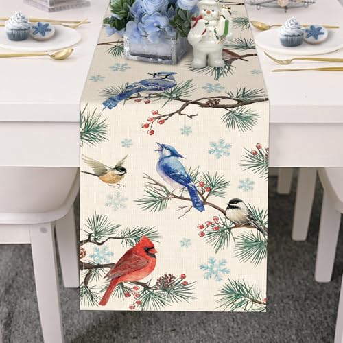 Croar Winter Birds Table Runner 13x72 Inch, Cardinal Blue Jay Robin Chickadee Decor