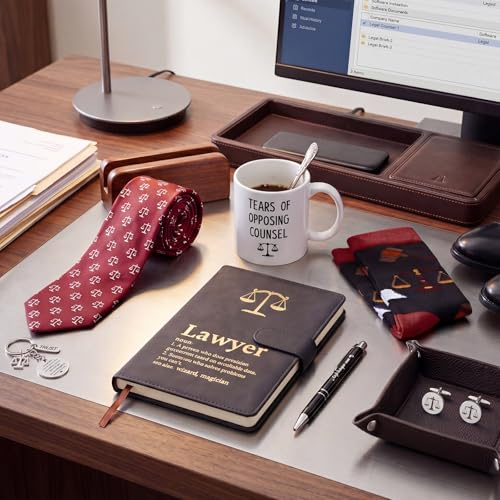 Sunnychicc 7-Piece Lawyer Gift Set Burgundy – Journal, Mug, Pen, Tie, Cufflinks, Socks, Keychain