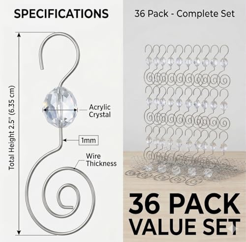 Silver Ornament Hooks with Crystal Accent - 36 Pack Stainless Steel Tree Hangers